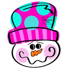 a drawing of a snowman wearing a pink and blue hat with polka dots on it