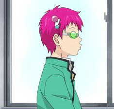 a man with pink hair and green eye glasses looking out a window at the sky