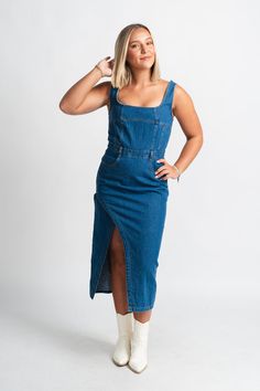 Denim midi dress blue Dress With Cowgirl Boots, Trend Outfit, Midi Dress Blue, Denim Midi Dress, Trendy Denim, Zach Bryan, Affordable Dresses, Women's Boutique, Blue Midi Dress