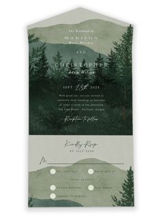 the mountain wedding stationery is shown in two different colors and sizes, with trees on each