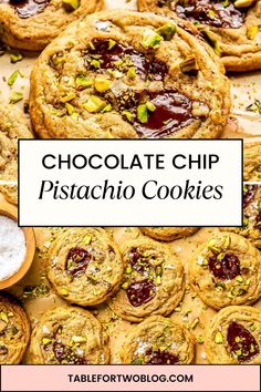 chocolate chip pistachio cookies are stacked on top of each other, with the title above it