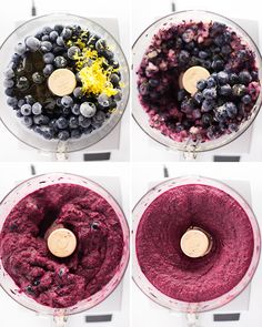 four pictures showing the steps to make blueberry cheesecakes in a food processor