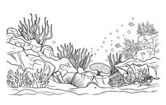 an underwater scene with corals and seaweed in black and white coloring book page