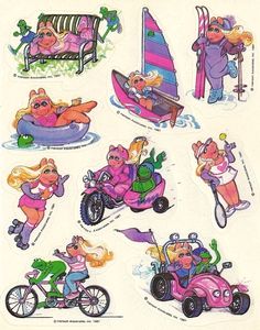 the sticker sheet has pictures of people riding bikes, cars and other things on it