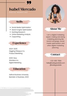 Resume Sample Digital Marketing Resume, Curriculum Vitae Design, Fashion Resume, Graphic Design Cv, Free Resume Templates, Job Interview Advice, Marketing Resume, Academic Essay Writing, Marketing Copywriting