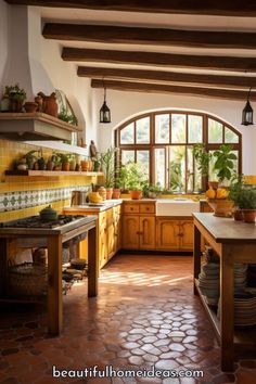 a kitchen with yellow tile floors and wooden cabinets, potted plants on the windowsill