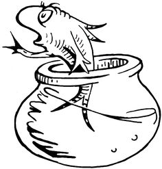 a drawing of a fish jumping out of a jar