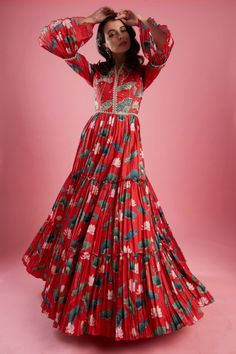 Aayushi Maniar-Red Anarkali Gown-INDIASPOPUP.COM Draped Sarees, Red Anarkali, Cape Tops, Long Gown Dress, Drape Saree, Pink Tunic, Anarkali Gown, Indian Designer Outfits, Long Gown