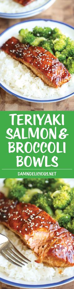 teriyaki salmon and broccoli bowls are served with rice on the side