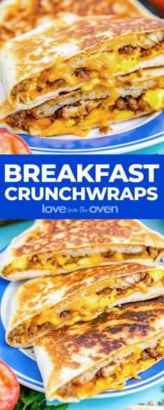 breakfast crunchwraps on a plate with tomatoes