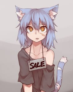 an anime character with blue hair holding a sale sign