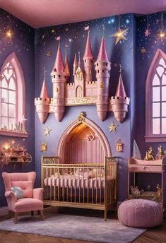 a purple and pink princess nursery room with a castle mural on the wall, a baby crib in front of it