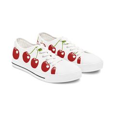 These cherry-themed sneakers are fun and stylish, perfect for someone who loves vibrant designs. They are great for casual wear and adding a pop of color to any outfit. Ideal for women who enjoy unique and playful accessories. Perfect for summer outfits, picnics, and casual outings.\n\nProduct features\n- Metal eyelets for secure shoe laces\n- Durable pleather round toe\n- Comfortable EVA sole for flexibility\n- Soft and comfortable 100% polyester canvas material\n- Breathable design with deodorant memory foam insoles\n\nCare instructions\n- To maintain clean, use warm water with dish soap to clean off any dirt spots. It's not necessary to soak the whole item. For hard-to-clean spots, use a soft-bristled brush.\n Cherry Shoes, Cherry Drop Earrings, Tie Sneakers, Eva Sole, Womens Tie, Tie Shoes, Shoes Trainers, Canvas Material, Polyester Material