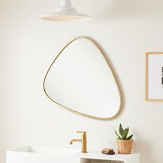 a bathroom with a sink, mirror and potted plant