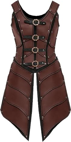 a woman wearing a brown leather corset with chains on the front and sides