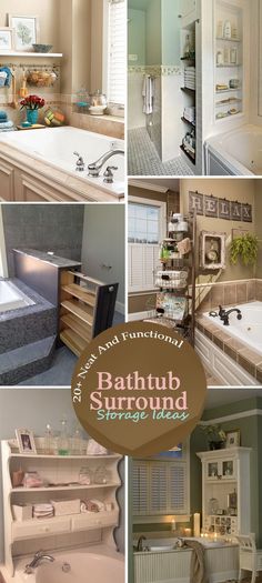 there are many pictures of different rooms in this house with the words bathtub surround