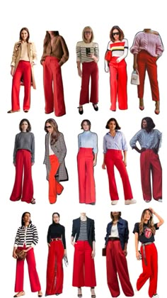 Outfit Pantalon Rojo, Wardrobe Color Guide, Red Wide Leg Pants, Wide Leg Pants Outfit, Color Combinations For Clothes, Over 60 Fashion, Everyday Fashion Outfits, Capsule Outfits