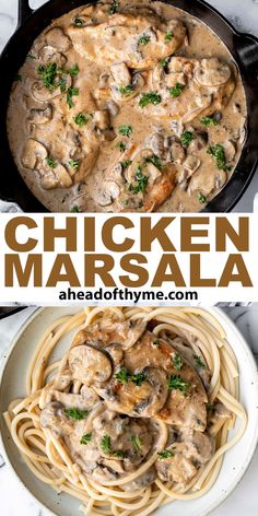 chicken marsala with mushrooms and parsley in a skillet