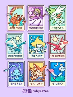 the pokemon tarot cards are all different colors and shapes, but each has an individual character