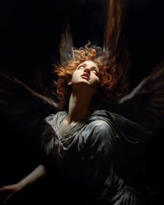 a woman with red hair and angel wings