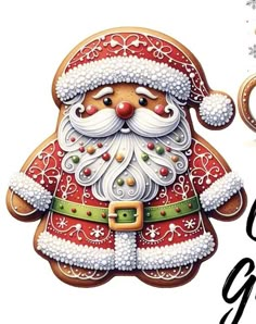 a christmas cookie with santa claus on it's face and the words gingerbread cookies