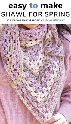 a woman wearing a crocheted shawl with text overlay that says easy to make shawl for spring