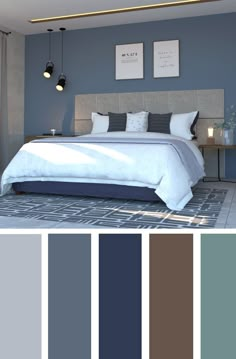 a bedroom with blue and gray walls, white bedding, and grey rugs