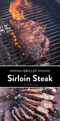 grilled steak on the grill with text overlay that reads grilled siroin steak