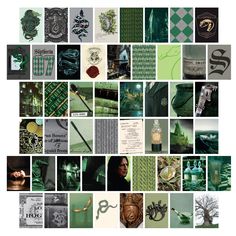 a collage of green and black images with the words harry potter written in them