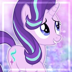 a pony with purple hair and blue eyes standing in front of a white square frame