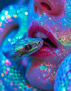 a woman's face covered in glitter with a snake on her lip