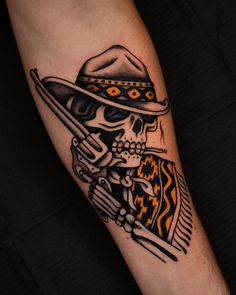 Leg Tattoo Men American Traditional, Tradition Cowboy Tattoo, Mens Tattoos Traditional, Men’s Cowboy Tattoos, Men American Traditional Tattoo, Knee Tattoo Men Traditional, Traditional Style Tattoo Men, Old School Western Tattoo, Mens American Traditional Tattoos