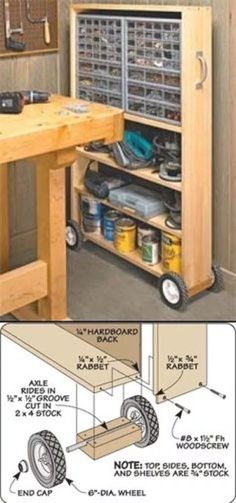 a workbench with lots of tools in it and labeled on the bottom shelf