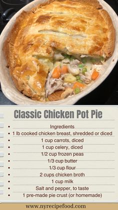 This homemade Chicken Pot Pie is a comforting classic, filled with tender chicken and vegetables in a creamy sauce, all encased in a flaky, golden crust—perfect for a cozy meal.  Preheat the oven to 425°F (220°C). Sauté carrots and celery in a large pan with butter until softened. Stir in flour to coat vegetables. Slowly add chicken broth and milk, stirring constantly until the sauce thickens. Add chicken and peas, and season with salt and pepper. Pour the filling into a pie dish. Place the pie crust over the filling, crimp the edges, and cut a few slits on top for steam to escape. Bake for 30-35 minutes until the crust is golden brown. Let cool slightly before serving. High Protein Lunchables, Chicken Pie Crust, Protein Lunchables, Bread Machine French Bread, Zucchini Recipes Bread, Bread And Butter Pickle Recipe, Chicken And Peas, Classic Chicken Pot Pie, Easy Pizza Recipes