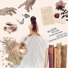 a woman in a white dress surrounded by books and flowers