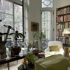 a living room filled with lots of books and furniture next to a window covered in plants