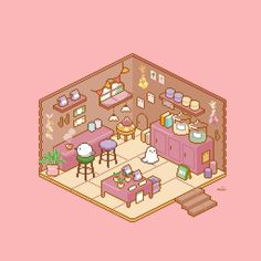 an illustration of a living room and dining area in pixel art style on pink background