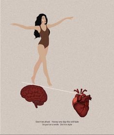 a woman balances on a tightrope between heart and brain