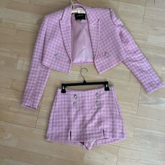 Zara Pink Tweed Set Jacket: Xs Short: Small Zara Fitted Tweed Jacket, Chic Zara Tweed Jacket, Zara Tweed Jacket For Spring, Zara Spring Tweed Blazer, Spring Zara Tweed Blazer, Pink Tweed Set, Tweed Set, Zara Tweed, Pink Tweed