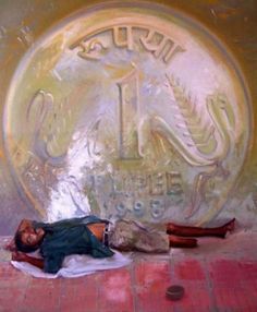 a painting of a person laying on the ground