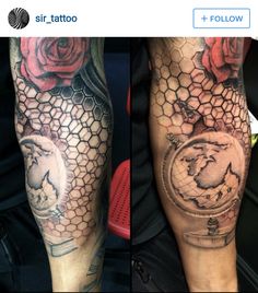 two tattoos with roses and a clock on them