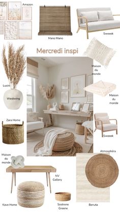 an interior design board with neutrals and whites