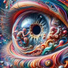 an eye with colorful swirls and bubbles in it's irise, as well as