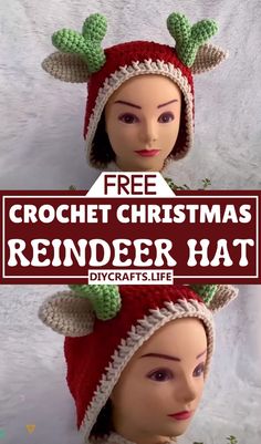 two crochet christmas hats with the words, free crochet christmas reindeer hat