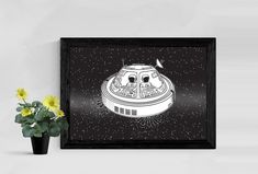 a black and white drawing of a space station with flowers in the foreground on a wall next to a potted plant