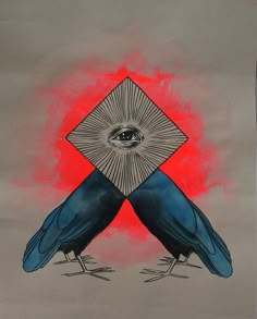 two blue birds sitting on top of each other with an eye in the middle of them