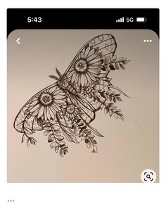 a drawing of a butterfly with flowers on it