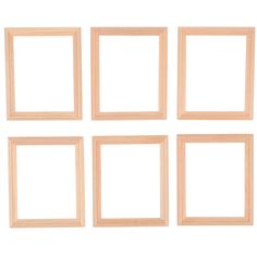 six empty wooden frames on a white background