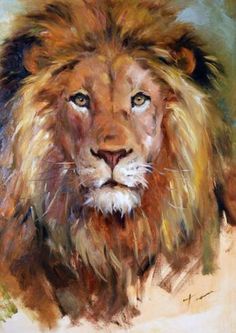 a painting of a lion with blue eyes