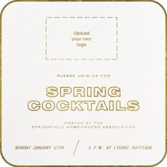 a white and gold card with the words spring cocktails on it